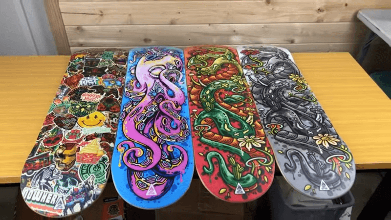 collection of printed mellow skateboard deck