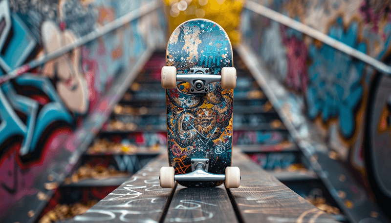 colorful graffiti custom skateboard on wooden table