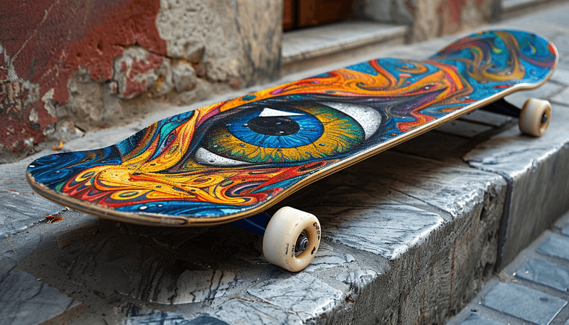 colorful eye design on custom shaped skateboard decks