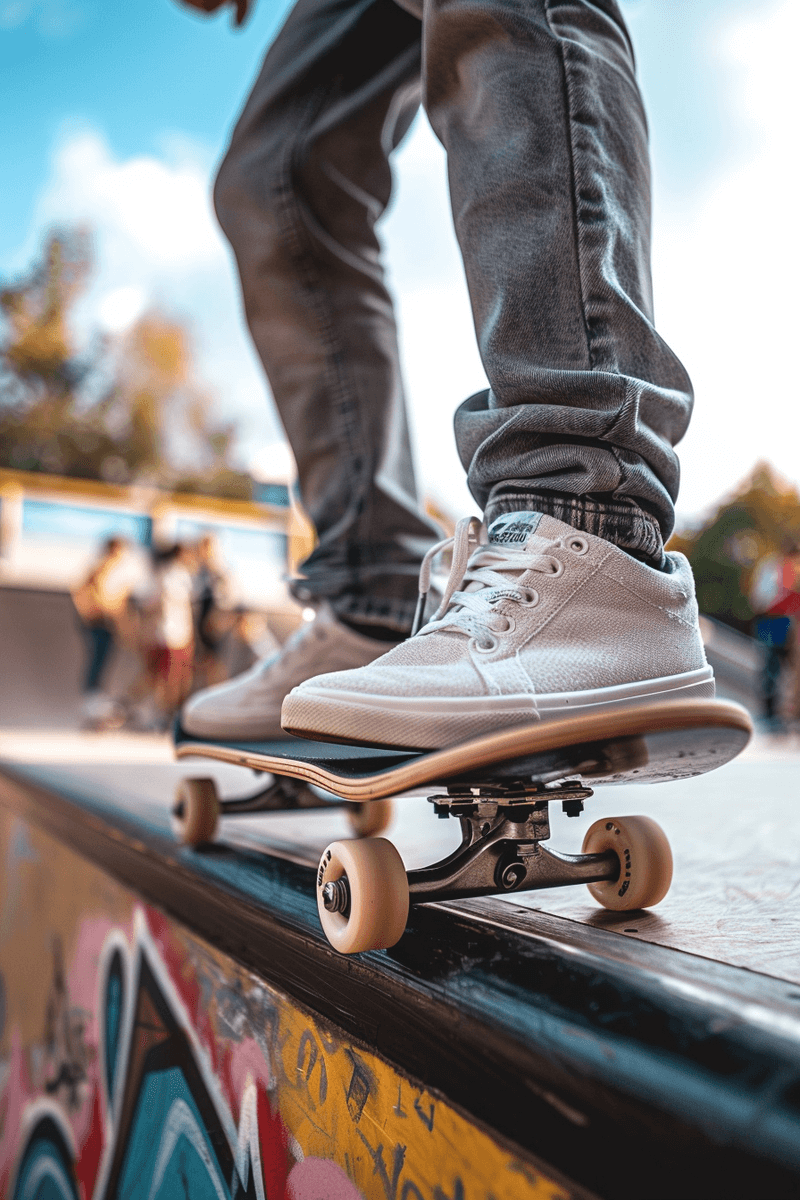 boy in white shoes riding skateboard